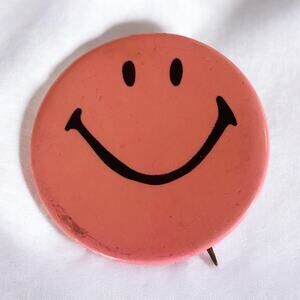 Vintage 1960s Pink Salmon Smiley Happy Face Smile Orange 60s Era Pin Button